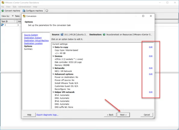 Edit the configuration options on the Options screen for the Linux VM
