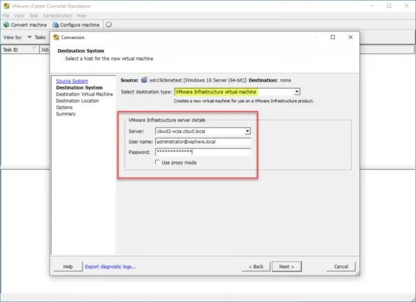 Enter the destination system and credentials for the conversion