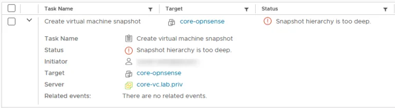 Figure 2 – Error indicating that the maximum number of snapshots per VM limit has been exceeded