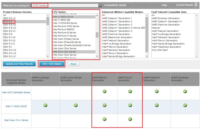 VMware Compatibility Guide CPU and EVC Matrix tool displaying supported Enhanced vMotion Compatibility modes for Intel processors.