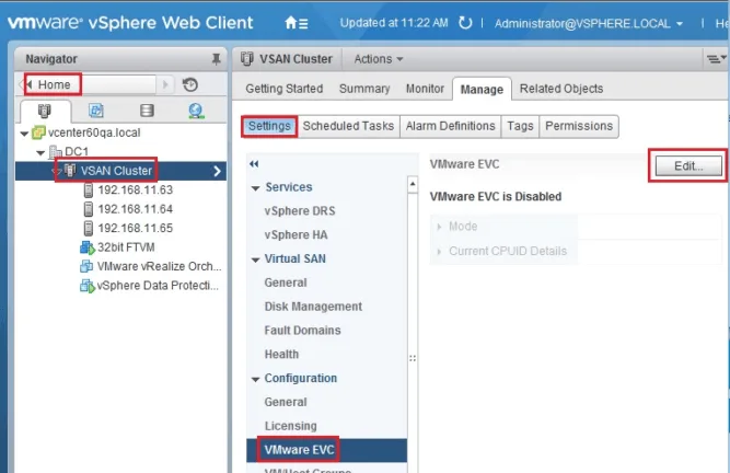 vSphere Web Client showing the VMware EVC settings page for a cluster with the Edit option selected.