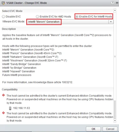 VMware EVC configuration window with Intel Merom Generation selected as the cluster EVC mode.