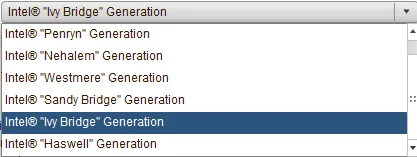 VMware EVC mode drop-down menu displaying available Intel processor generation baselines.
