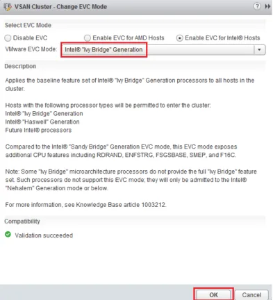 VMware EVC configuration screen with Intel Ivy Bridge Generation selected and validation completed successfully.