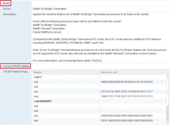 VMware EVC settings displaying CPUID details and feature flags for the selected processor baseline.