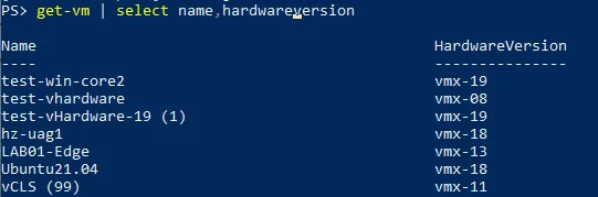 Get the versions of all VMs with the ‘HardwareVersion’ property.