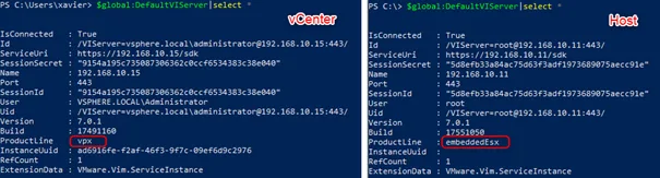 Content of $DefaultVIServer when connected to a vCenter and a standalone host