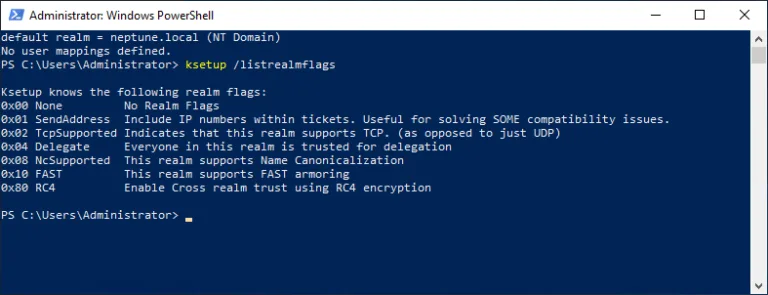 Listing realm flags using ksetup