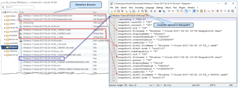 Figure 12 – Mapping the VMware snapshot files displayed in Datastore Browser to the entries found in the database file
