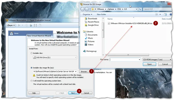 Select the ESXi ISO image previously downloaded and press Next.
