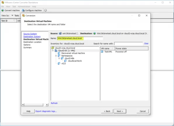 Select the destination VM name and folder