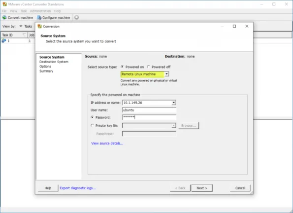Select the remote Linux server and enter connection information