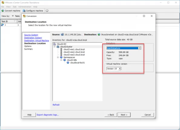 Select the storage and virtual machine version
