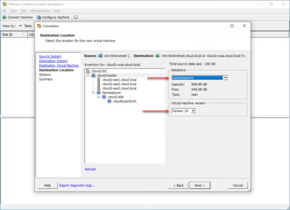 Select the storage and virtual machine version