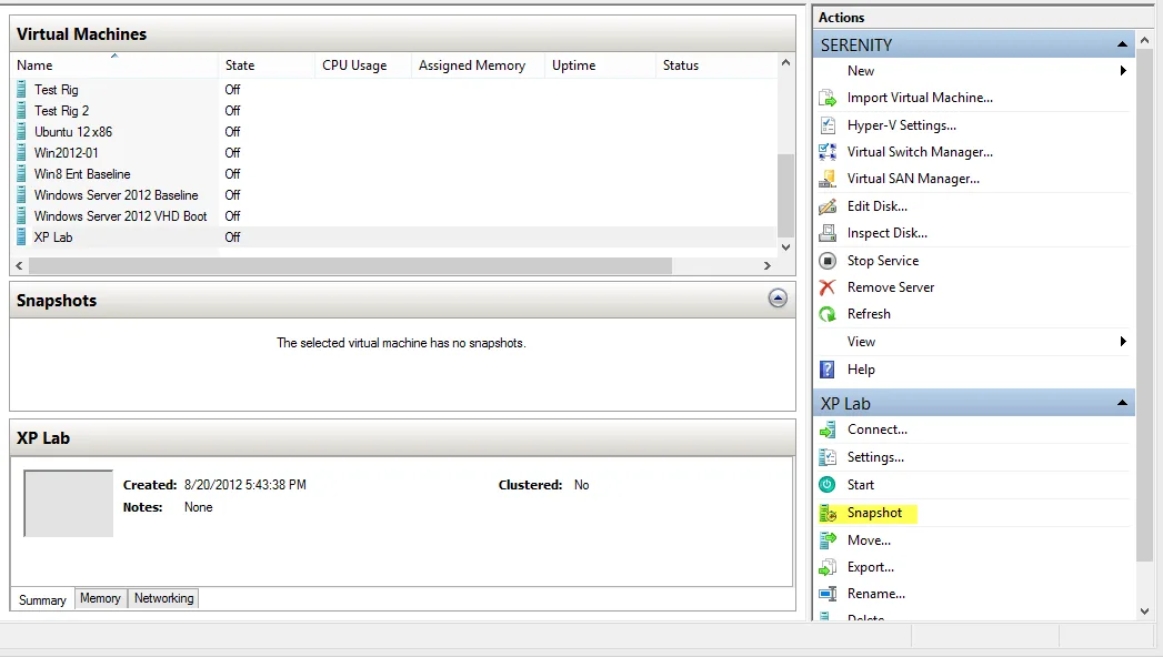 Figure 1 Taking a Snapshot with the Hyper-V Manager