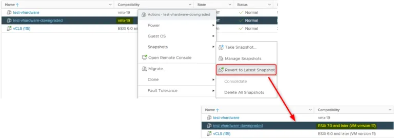 Snapshots include the virtual Hardware version of the VM at the time it was taken. Making it a safe way to downgrade.