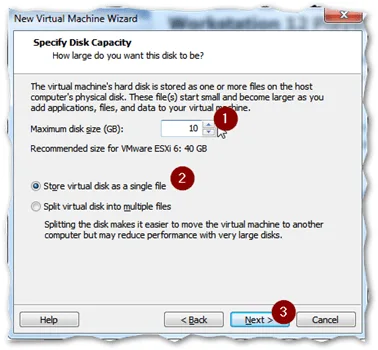 Specify the size of the VMs hard disk