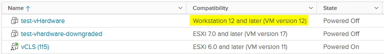 The VM shows the downgraded version after reloading the vmx file.