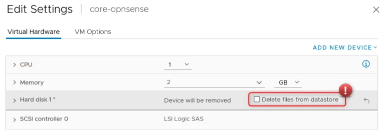 The ‘Delete files from datastore’ must be left unchecked!