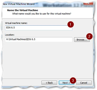 Type a name for the VM and specify the location