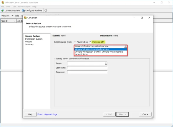 Using VMware Converter to Converter powered off virtual machines