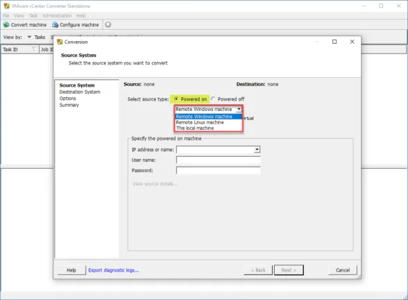 Using VMware Converter to convert a powered-on machine