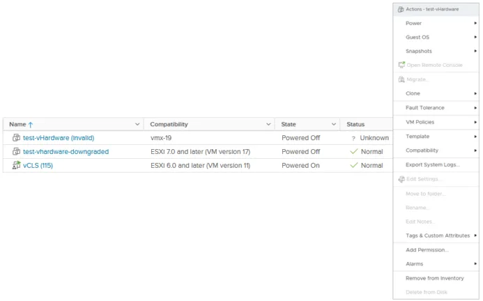 VMs in ‘Invalid’ state are unusable with most options greyed out.