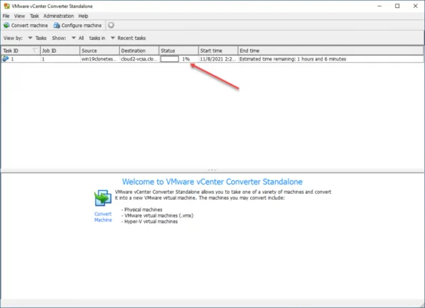 Windows host conversion progressing in VMware Converter
