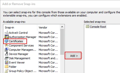 Microsoft Management Console showing the Certificates snap-in selected for addition.