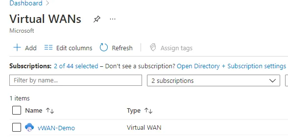 Azure Portal Virtual WAN page showing a deployed Azure Virtual WAN resource.