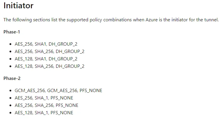 Azure documentation listing supported IPsec and IKE cryptographic policy combinations for VPN tunnels.