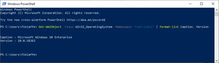 PowerShell command displaying Windows 10 Enterprise version information to verify Hyper-V compatibility.