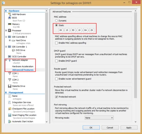 Hyper-V virtual machine network adapter settings showing a manually configured static MAC address.