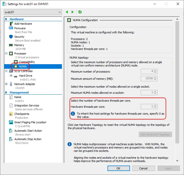 Hardware threads per core setting