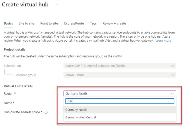 Azure Portal Create Virtual Hub wizard showing region and hub configuration settings.