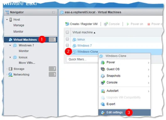Pulling up the VM’s settings in host client