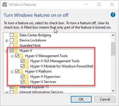 Windows Features dialog with Hyper-V Management Tools and Hyper-V Platform selected for installation.