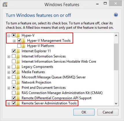 Windows Features dialog showing Hyper-V Management Tools and Remote Server Administration Tools enabled for Hyper-V remote management.