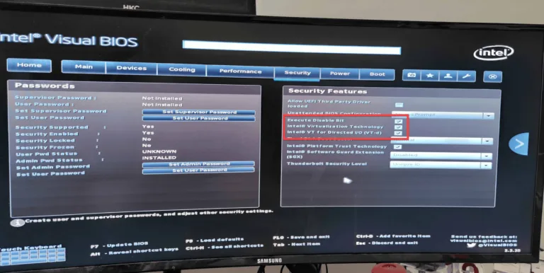 Intel Visual BIOS security settings with Intel Virtualization Technology (VT-x) and VT-d enabled for Hyper-V support.