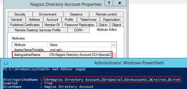 Active Directory user properties and PowerShell output displaying a user distinguished name.