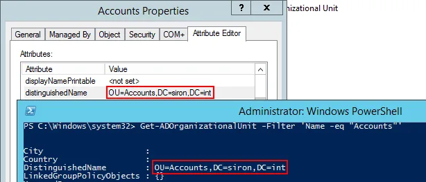 Active Directory organizational unit properties and PowerShell output displaying an OU distinguished name.
