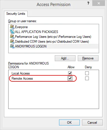 DCOM Access Permissions window with Remote Access permission enabled for remote Hyper-V management connectivity.