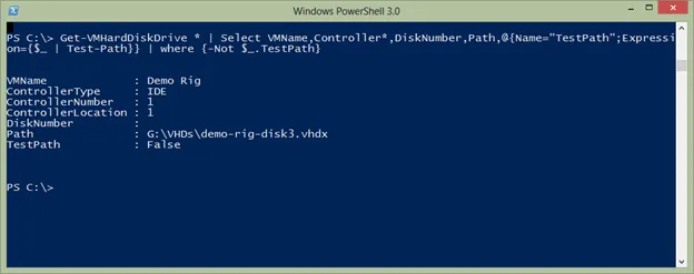 PowerShell validation identifying a missing virtual hard disk file referenced by a Hyper-V virtual machine.