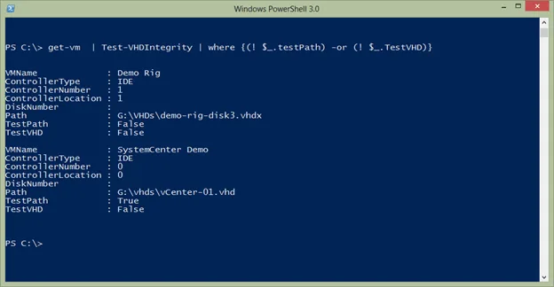 PowerShell command identifying Hyper-V virtual machines with missing or failed VHD and VHDX validation results.