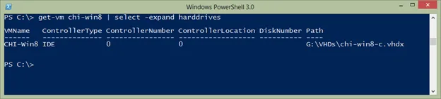 PowerShell command displaying the VHDX file path attached to a single Hyper-V virtual machine.