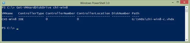 Get-VMHardDiskDrive PowerShell cmdlet showing virtual hard disk details and storage path for a Hyper-V VM.
