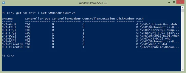 PowerShell output listing virtual hard disk files attached to multiple Hyper-V virtual machines.