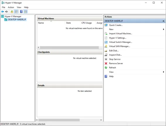 Hyper-V Manager console displaying the local host and virtualization management options.