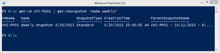 PowerShell get-vmsnapshot command filtering Hyper-V checkpoints by snapshot name.