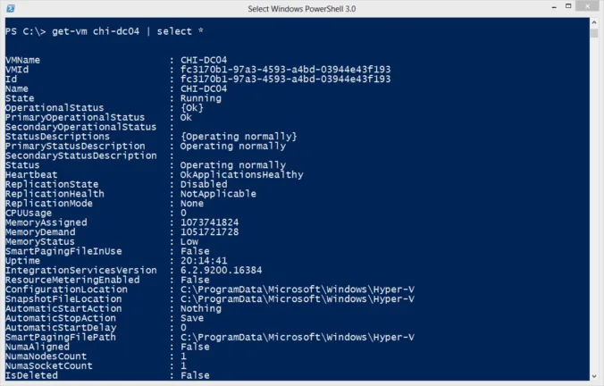 PowerShell get-vm command with select * showing detailed properties and configuration information for a Hyper-V virtual machine.